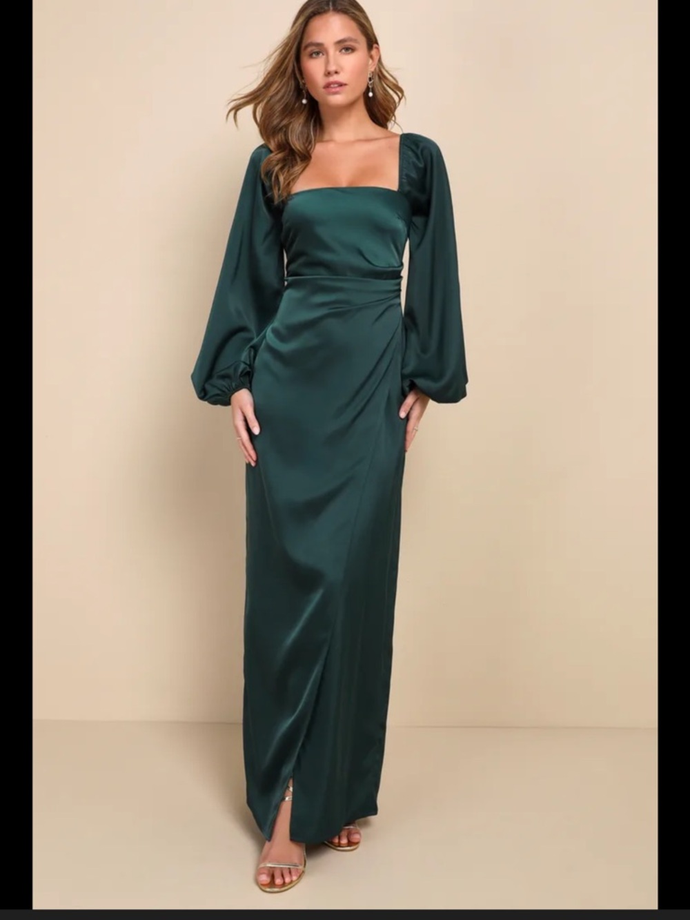 Lulu's Deep Emerald Satin Square-Neck Maxi Dress